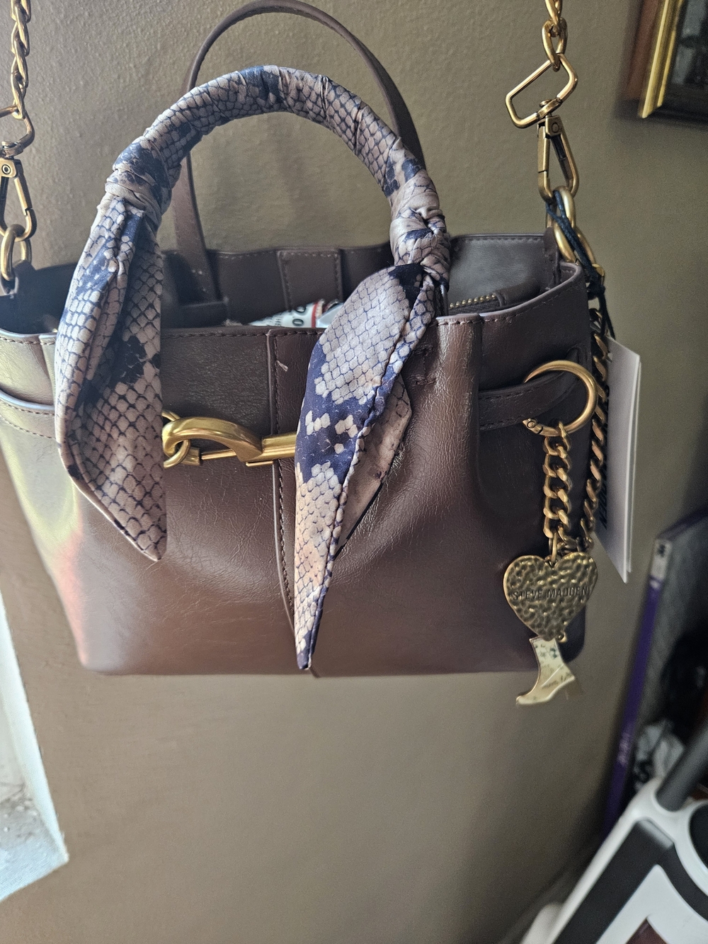 Steve Madden Brown Satchel with Gold Hardware and Snake-Print Scarf